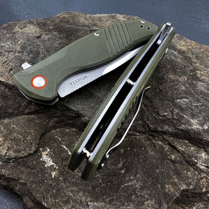 MONARK: Green G10 Handles, D2 Steel Blade, Tactical Duty, Ball Bearing Flipper System