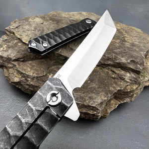 KYOTO: D2 Tanto Blade,  Stonewashed Stainless Steel Handle, Framelock,  Ball Bearing Flipper System