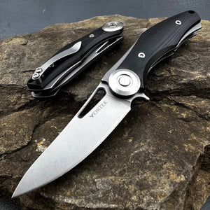 MINI MONDO: D2 Drop Point Blade, Black G10 Handles, Ball Bearing Flipper System