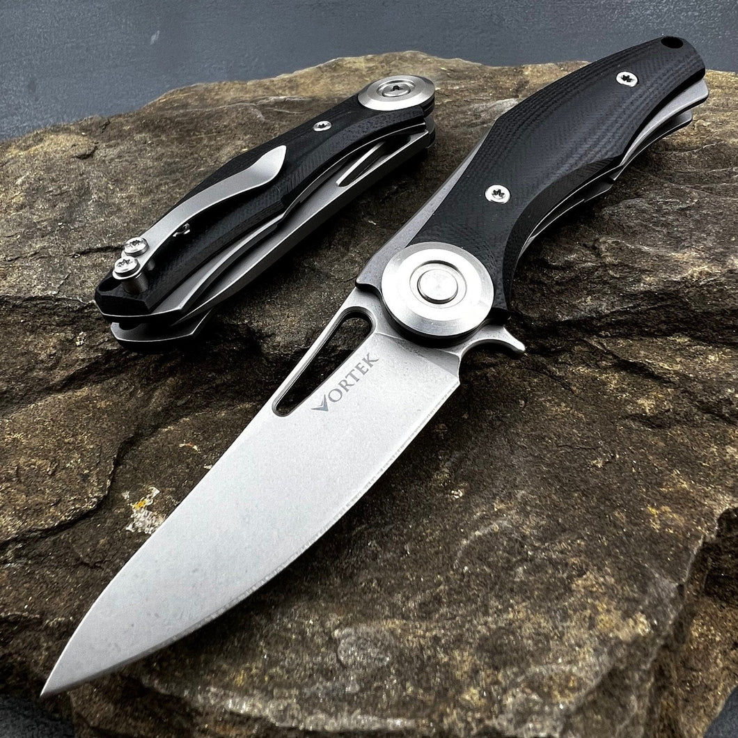 MINI MONDO: D2 Drop Point Blade, Black G10 Handles, Ball Bearing Flipper System