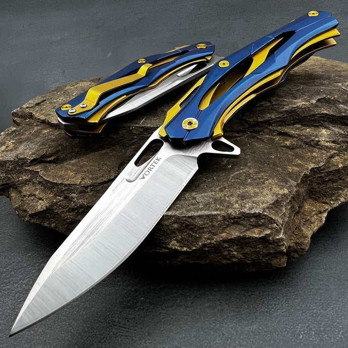 KRONOS: Blue and Gold Stainless Steel Handles, Frame Lock, D2 Drop Point Blade, Ball Bearing Flipper System