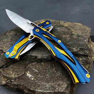 KRONOS: Blue and Gold Stainless Steel Handles, Frame Lock, D2 Drop Point Blade, Ball Bearing Flipper System