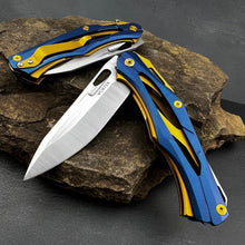 Load image into Gallery viewer, KRONOS: Blue and Gold Stainless Steel Handles, Frame Lock, D2 Drop Point Blade, Ball Bearing Flipper System