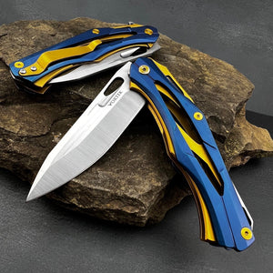 KRONOS: Blue and Gold Stainless Steel Handles, Frame Lock, D2 Drop Point Blade, Ball Bearing Flipper System