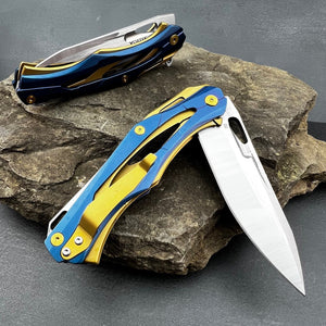 KRONOS: Blue and Gold Stainless Steel Handles, Frame Lock, D2 Drop Point Blade, Ball Bearing Flipper System