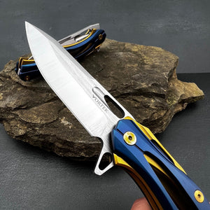 KRONOS: Blue and Gold Stainless Steel Handles, Frame Lock, D2 Drop Point Blade, Ball Bearing Flipper System