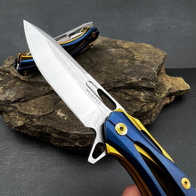 Load image into Gallery viewer, KRONOS: Blue and Gold Stainless Steel Handles, Frame Lock, D2 Drop Point Blade, Ball Bearing Flipper System