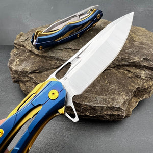 KRONOS: Blue and Gold Stainless Steel Handles, Frame Lock, D2 Drop Point Blade, Ball Bearing Flipper System