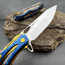 Load image into Gallery viewer, KRONOS: Blue and Gold Stainless Steel Handles, Frame Lock, D2 Drop Point Blade, Ball Bearing Flipper System