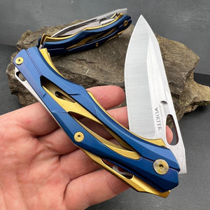 KRONOS: Blue and Gold Stainless Steel Handles, Frame Lock, D2 Drop Point Blade, Ball Bearing Flipper System