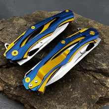 Load image into Gallery viewer, KRONOS: Blue and Gold Stainless Steel Handles, Frame Lock, D2 Drop Point Blade, Ball Bearing Flipper System