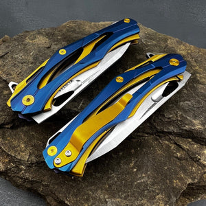 KRONOS: Blue and Gold Stainless Steel Handles, Frame Lock, D2 Drop Point Blade, Ball Bearing Flipper System