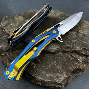 KRONOS: Blue and Gold Stainless Steel Handles, Frame Lock, D2 Drop Point Blade, Ball Bearing Flipper System