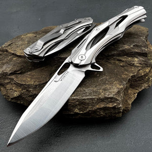 KRONOS:  Silver Stainless Steel Handles, D2 Blade, Frame Lock, Heavy Duty Design, Ball Bearing Flipper System