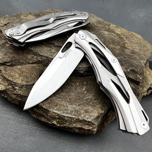 KRONOS:  Silver Stainless Steel Handles, D2 Blade, Frame Lock, Heavy Duty Design, Ball Bearing Flipper System