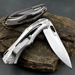 KRONOS:  Silver Stainless Steel Handles, D2 Blade, Frame Lock, Heavy Duty Design, Ball Bearing Flipper System