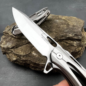 KRONOS:  Silver Stainless Steel Handles, D2 Blade, Frame Lock, Heavy Duty Design, Ball Bearing Flipper System