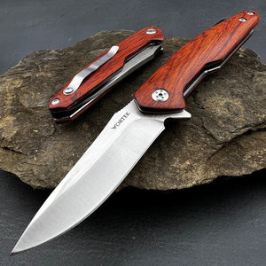 GROVE: Red Rosewood Handles, D2 Drop Point Blade, Ball Bearing Pivot System