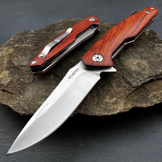 GROVE: Red Rosewood Handles, D2 Drop Point Blade, Ball Bearing Pivot System