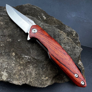 GROVE: Red Rosewood Handles, D2 Drop Point Blade, Ball Bearing Pivot System