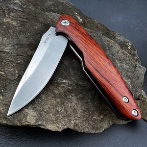 GROVE: Red Rosewood Handles, D2 Drop Point Blade, Ball Bearing Pivot System