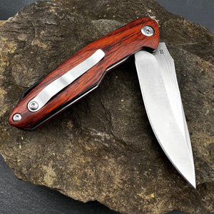 GROVE: Red Rosewood Handles, D2 Drop Point Blade, Ball Bearing Pivot System