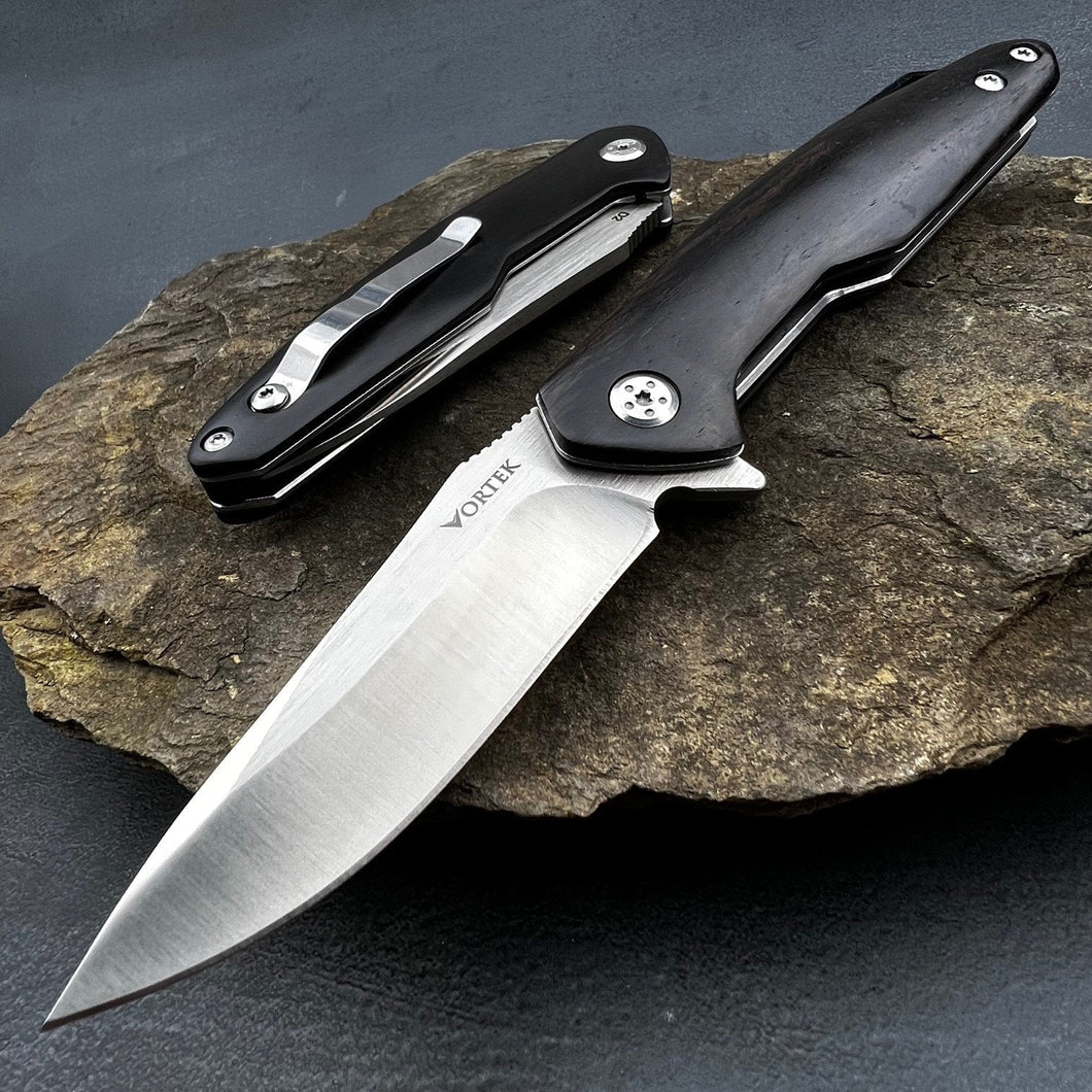 GROVE:  Dark Wood Handles, D2 Drop Point Blade, Ball Bearing Flipper System