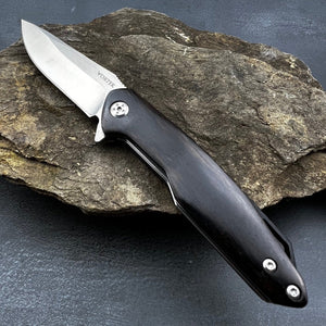 GROVE:  Dark Wood Handles, D2 Drop Point Blade, Ball Bearing Flipper System