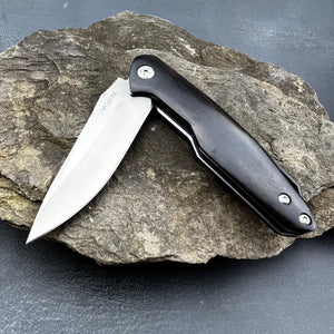 GROVE:  Dark Wood Handles, D2 Drop Point Blade, Ball Bearing Flipper System