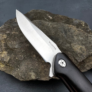 GROVE:  Dark Wood Handles, D2 Drop Point Blade, Ball Bearing Flipper System