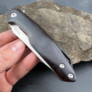 GROVE:  Dark Wood Handles, D2 Drop Point Blade, Ball Bearing Flipper System