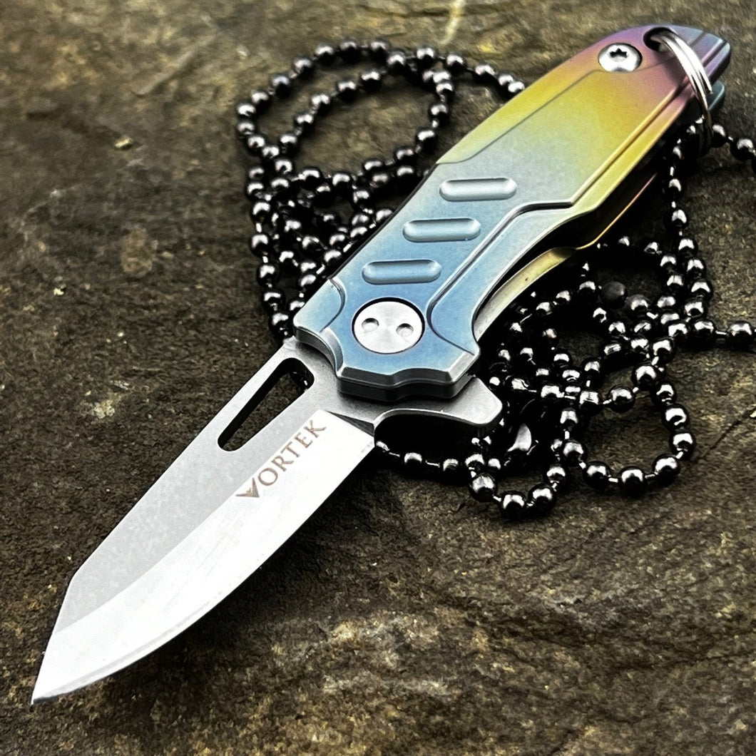 TINY-Ti: Small Keychain / Necklace Knife, D2 Blade, Rainbow Titanium Handles