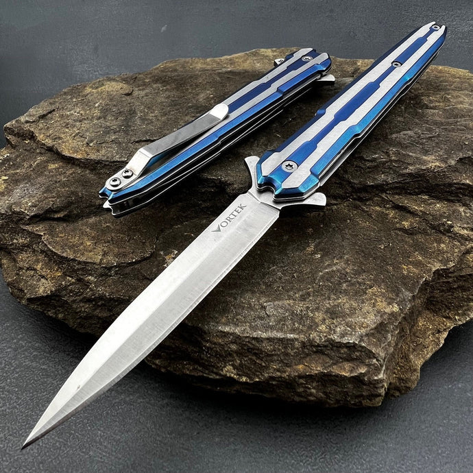 STINGER - Assisted Open, Blue Steel Handles, D2 Steel Dagger Blade