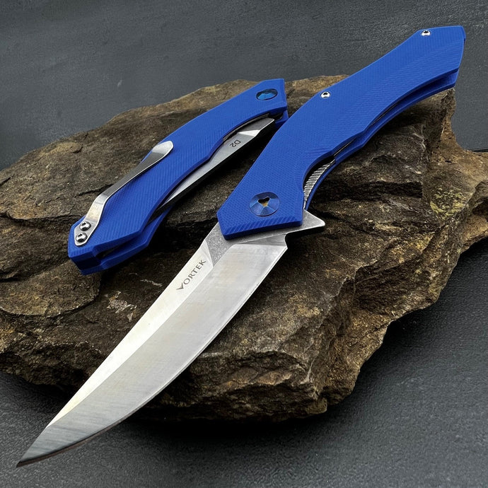 SCIMITAR: Blue G10 Handles, D2 Trailing Point Blade, Ball Bearing Flipper System