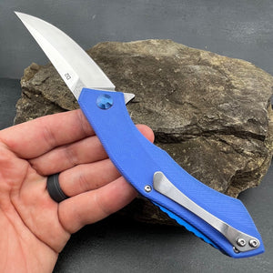 SCIMITAR: Blue G10 Handles, D2 Trailing Point Blade, Ball Bearing Flipper System