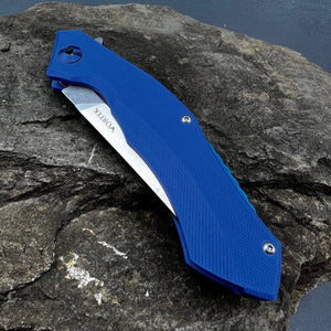 SCIMITAR: Blue G10 Handles, D2 Trailing Point Blade, Ball Bearing Flipper System