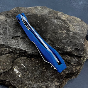 SCIMITAR: Blue G10 Handles, D2 Trailing Point Blade, Ball Bearing Flipper System