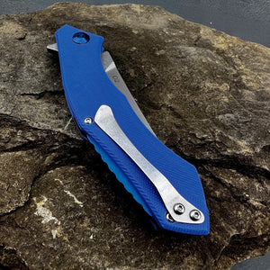 SCIMITAR: Blue G10 Handles, D2 Trailing Point Blade, Ball Bearing Flipper System