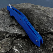 Load image into Gallery viewer, SCIMITAR: Blue G10 Handles, D2 Trailing Point Blade, Ball Bearing Flipper System