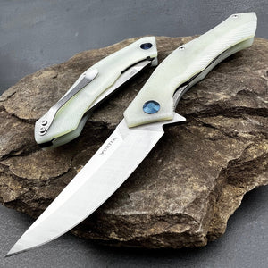 SCIMITAR:  Jade G10 Handles, D2 Trailing Point Blade,  Ball Bearing Flipper System