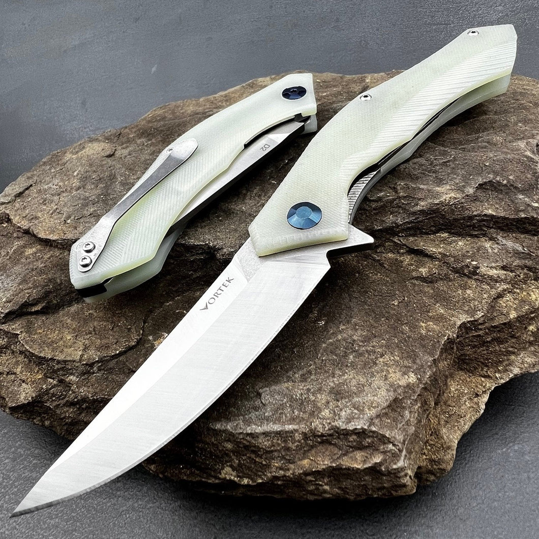 SCIMITAR:  Jade G10 Handles, D2 Trailing Point Blade,  Ball Bearing Flipper System