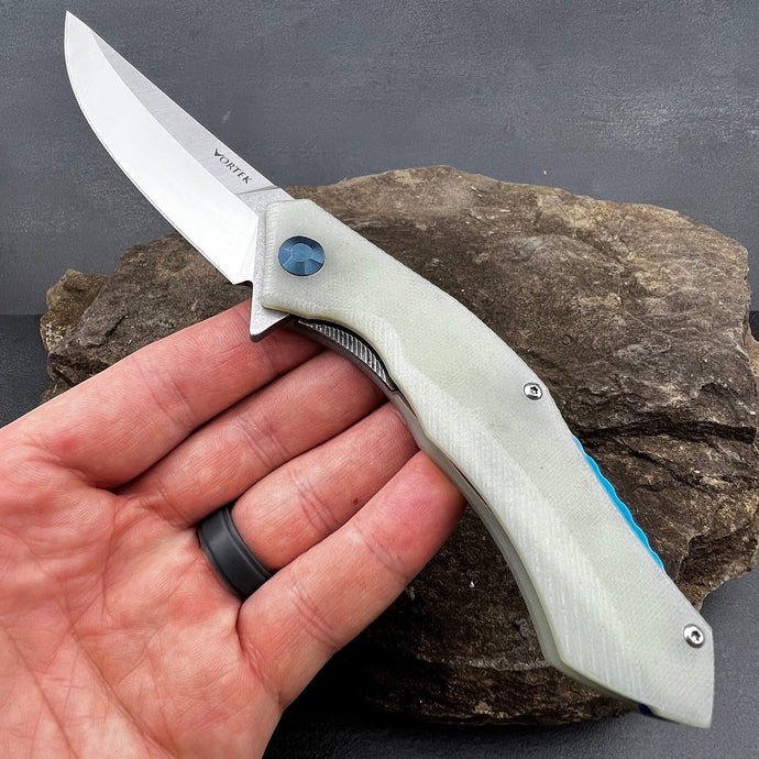 SCIMITAR:  Jade G10 Handles, D2 Trailing Point Blade,  Ball Bearing Flipper System