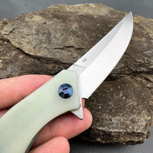 Load image into Gallery viewer, SCIMITAR:  Jade G10 Handles, D2 Trailing Point Blade,  Ball Bearing Flipper System