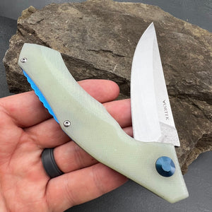 SCIMITAR:  Jade G10 Handles, D2 Trailing Point Blade,  Ball Bearing Flipper System