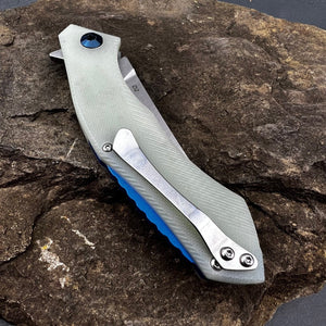 SCIMITAR:  Jade G10 Handles, D2 Trailing Point Blade,  Ball Bearing Flipper System