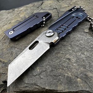 MUSCA: D2 Sheepsfoot Blade, Blue Titanium Handles, Small EDC Keychain Folding Knife