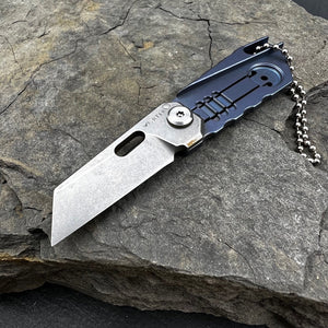 MUSCA: D2 Sheepsfoot Blade, Blue Titanium Handles, Small EDC Keychain Folding Knife