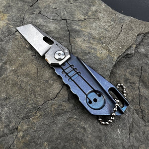 MUSCA: D2 Sheepsfoot Blade, Blue Titanium Handles, Small EDC Keychain Folding Knife