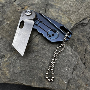 MUSCA: D2 Sheepsfoot Blade, Blue Titanium Handles, Small EDC Keychain Folding Knife