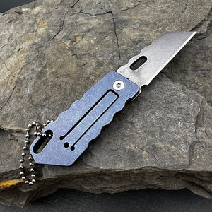 MUSCA: D2 Sheepsfoot Blade, Blue Titanium Handles, Small EDC Keychain Folding Knife